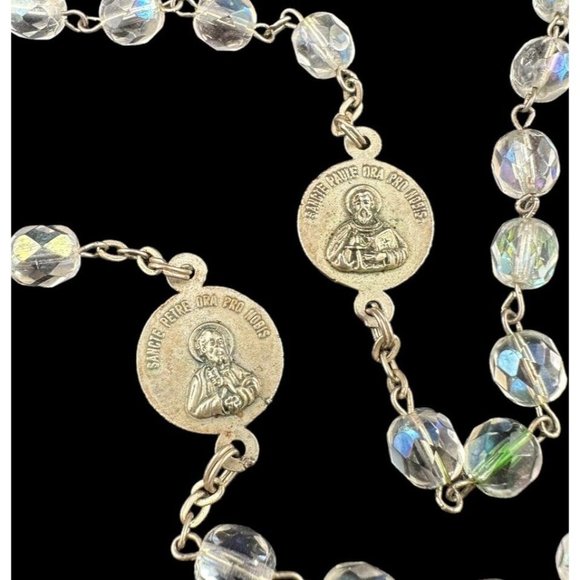 Vintage Signed INRI Cut Aurora Glass Crystal Jesus Rosary ITALY - Picture 4 of 9